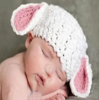 Bonito branco puro cartoon orelha de coelho infantil bebê meninos meninas rapazes raparigas de crochê feito a mão chapéu de malha de fotografia com adereços atacado  5