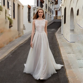 Impressionante Boho Vestido de Noiva sem Mangas Laço de Tule Uma Linha de Vestidos de Noiva 2021 Feitos Vestidos de Noiva robe de mariée  10