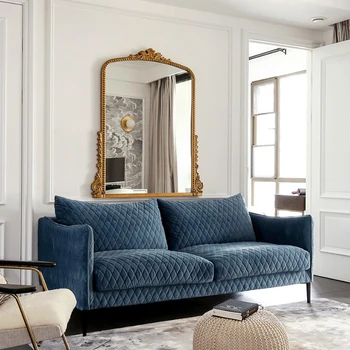 Nordic simples tecido duplo de três pessoas, sofá azul de flanela pés de metal moderno e luxuoso sofá pequeno apartamento  10