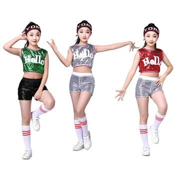 Novas Crianças hip hop Conjunto de Meninas Sequin jazz danças ternos de hip-hop moderno roupas  5