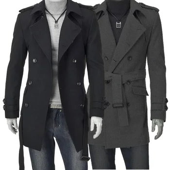 Preto cinza de Outono inverno trench fino a médio-longo casacos sobretudo de lã vestuário masculino vestuário exterior casaco de inverno homens casaco de lã 2XL  5