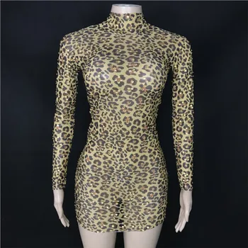Strass Mulheres Sexy Brilhante Leopard Mini Vestido De Aniversário Trecho Costome  4