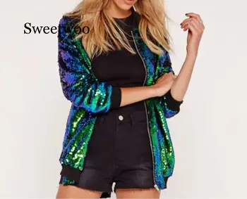 Sweetwoo Moda Sereia escalas jaqueta de paetês mulheres streetwear Lantejoulas jaqueta de beisebol Casual Túnica Glitter Vestuário Feminino  4